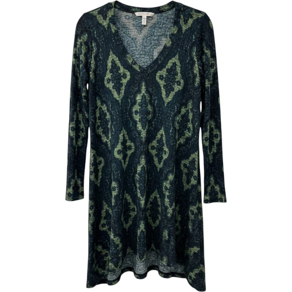 Uncle Frank Green Ikat Medallion Boho Dress Long Sleeve Shark Bite Hem S
